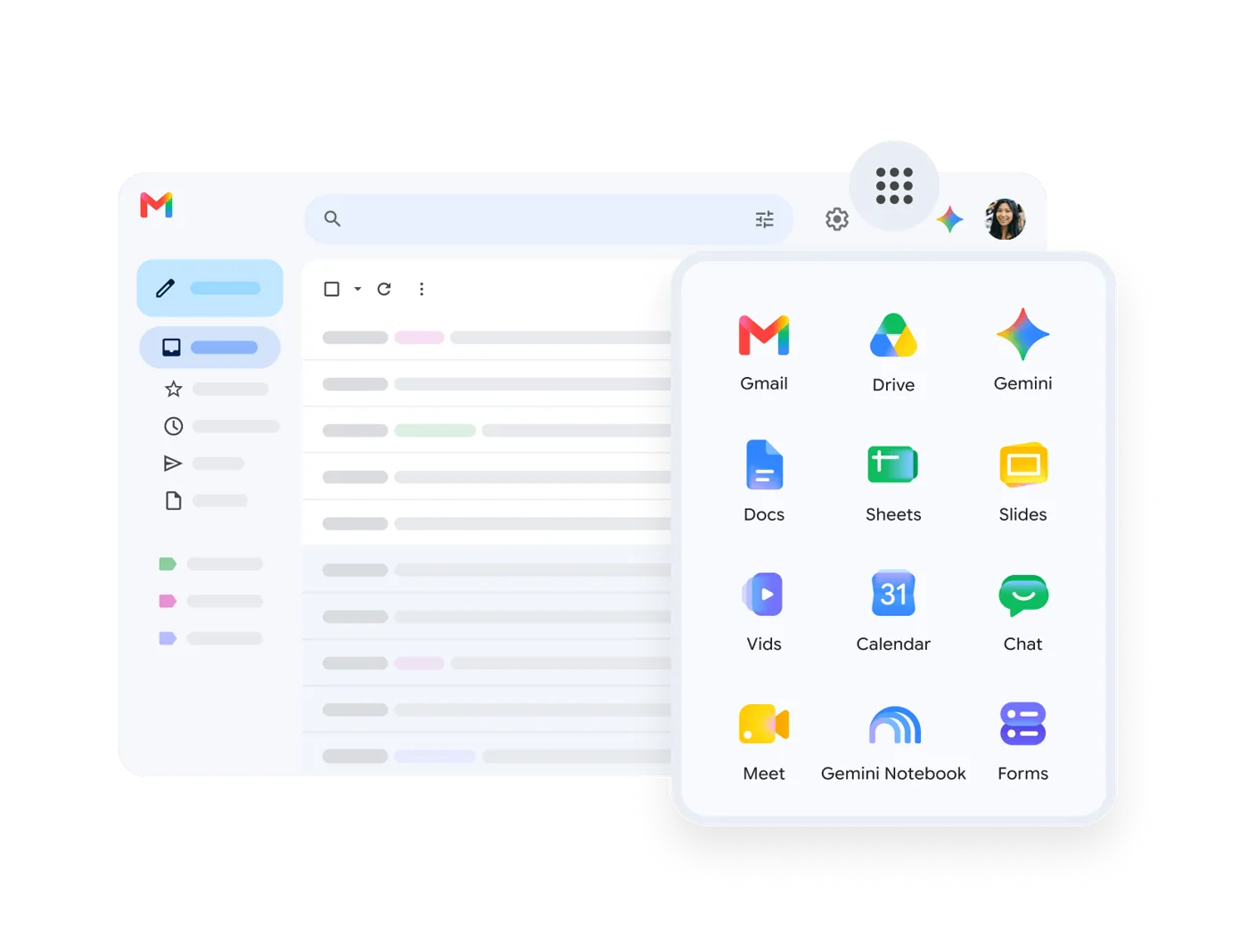 หน้าจอ Gmail พร้อม Gemini และแอป Google Workspace